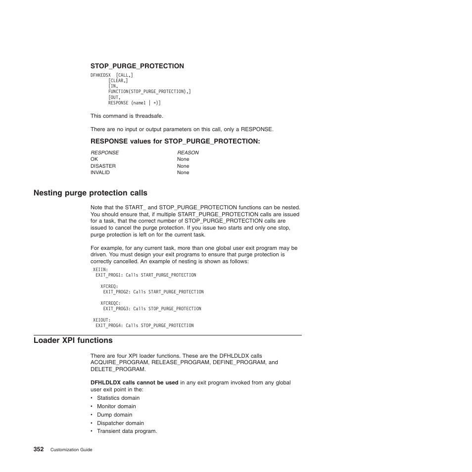 Response values for stop_purge_protection, Nesting purge protection calls, Loader xpi functions | IBM SC34-6814-04 User Manual | Page 374 / 953