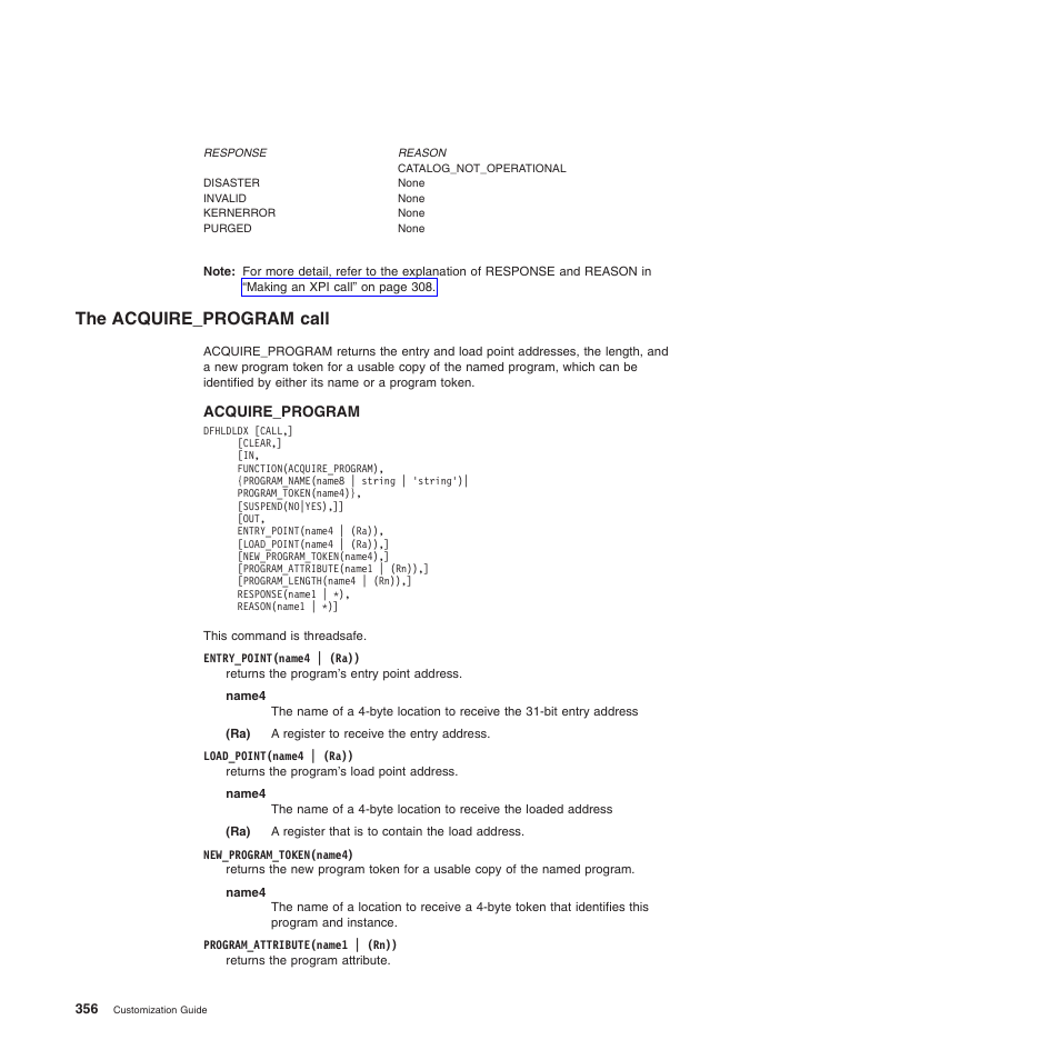 The acquire_program call | IBM SC34-6814-04 User Manual | Page 378 / 953