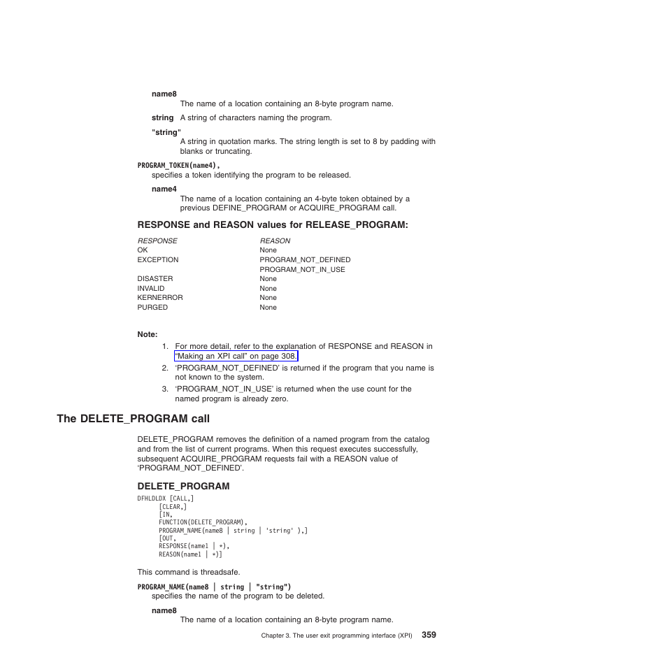 Response and reason values for release_program, The delete_program call | IBM SC34-6814-04 User Manual | Page 381 / 953