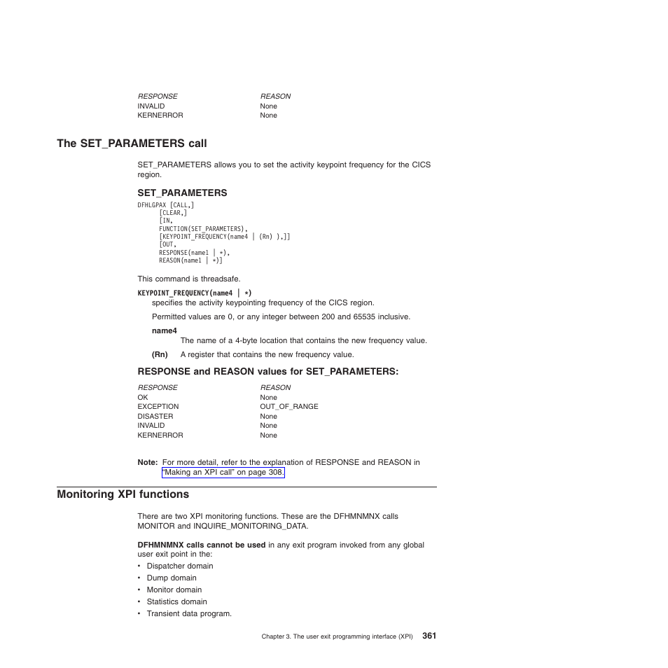 The set_parameters call, Response and reason values for set_parameters, Monitoring xpi functions | IBM SC34-6814-04 User Manual | Page 383 / 953