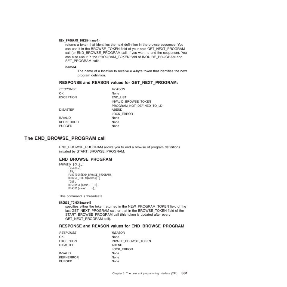 Response and reason values for get_next_program, The end_browse_program call, Response and reason values for end_browse_program | IBM SC34-6814-04 User Manual | Page 403 / 953