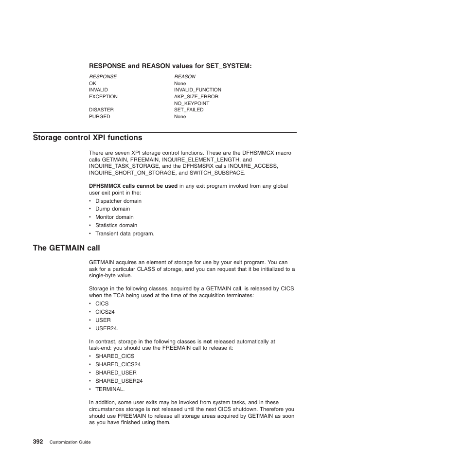 Response and reason values for set_system, Storage control xpi functions, The getmain call | IBM SC34-6814-04 User Manual | Page 414 / 953