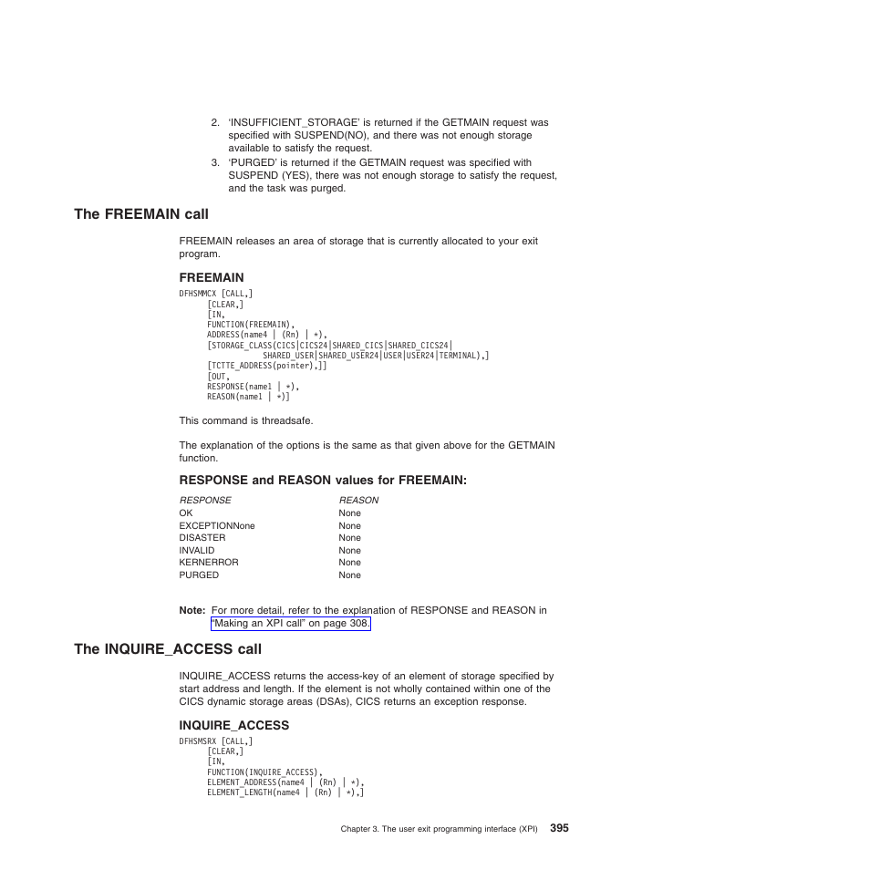 The freemain call, Response and reason values for freemain, The inquire_access call | IBM SC34-6814-04 User Manual | Page 417 / 953