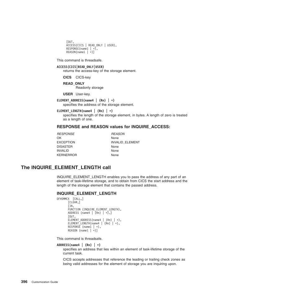 Response and reason values for inquire_access, The inquire_element_length call | IBM SC34-6814-04 User Manual | Page 418 / 953