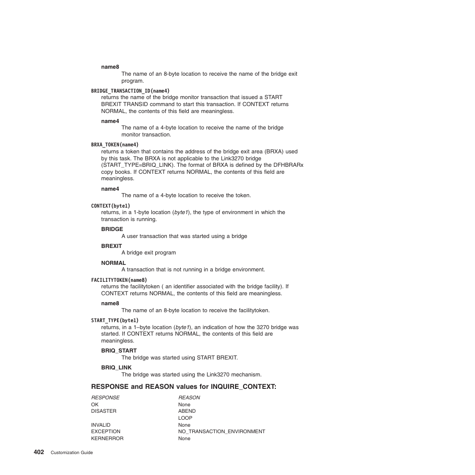 Response and reason values for inquire_context | IBM SC34-6814-04 User Manual | Page 424 / 953