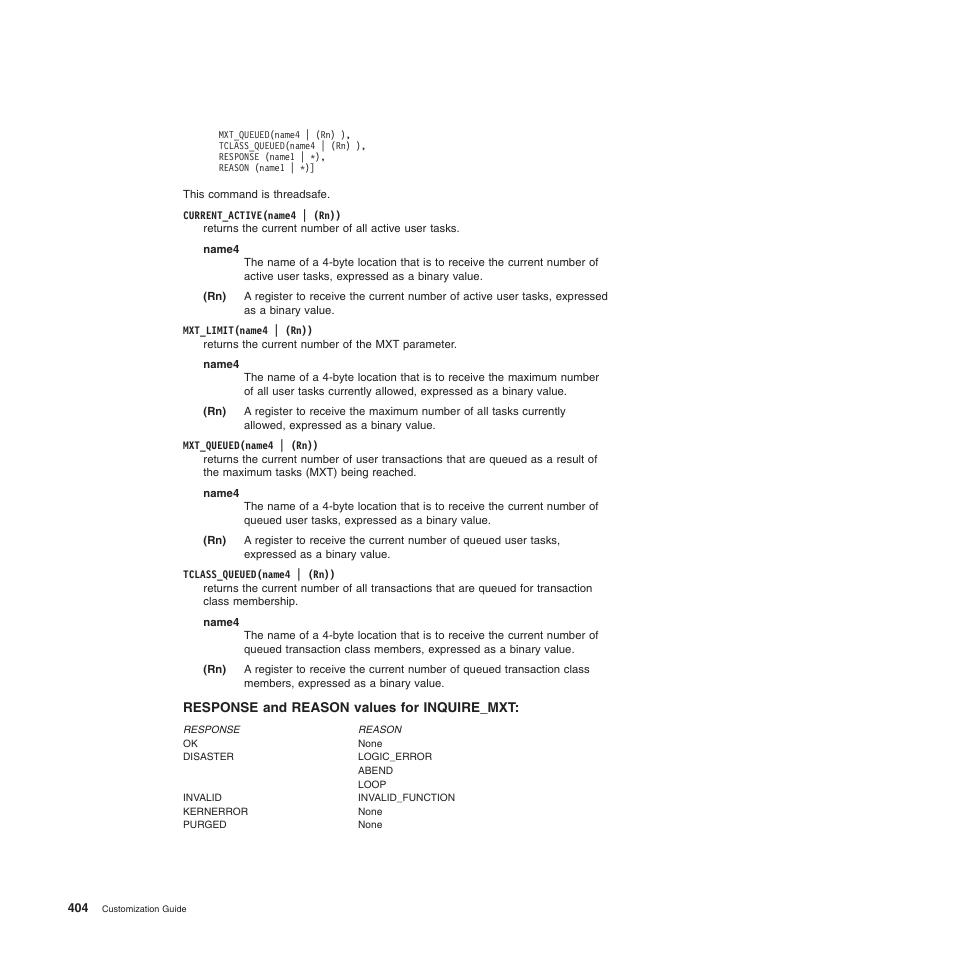 Response and reason values for inquire_mxt | IBM SC34-6814-04 User Manual | Page 426 / 953