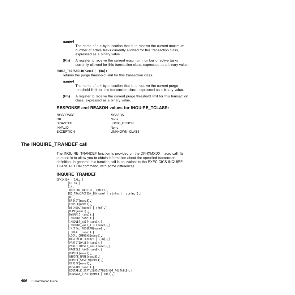 Response and reason values for inquire_tclass, The inquire_trandef call | IBM SC34-6814-04 User Manual | Page 428 / 953