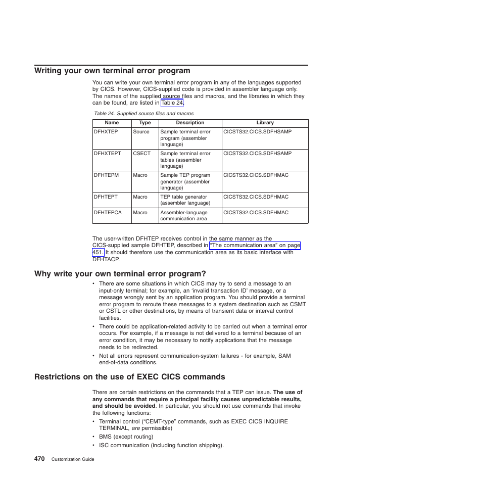 Writing your own terminal error program, Why write your own terminal error program, Restrictions on the use of exec cics commands | IBM SC34-6814-04 User Manual | Page 492 / 953