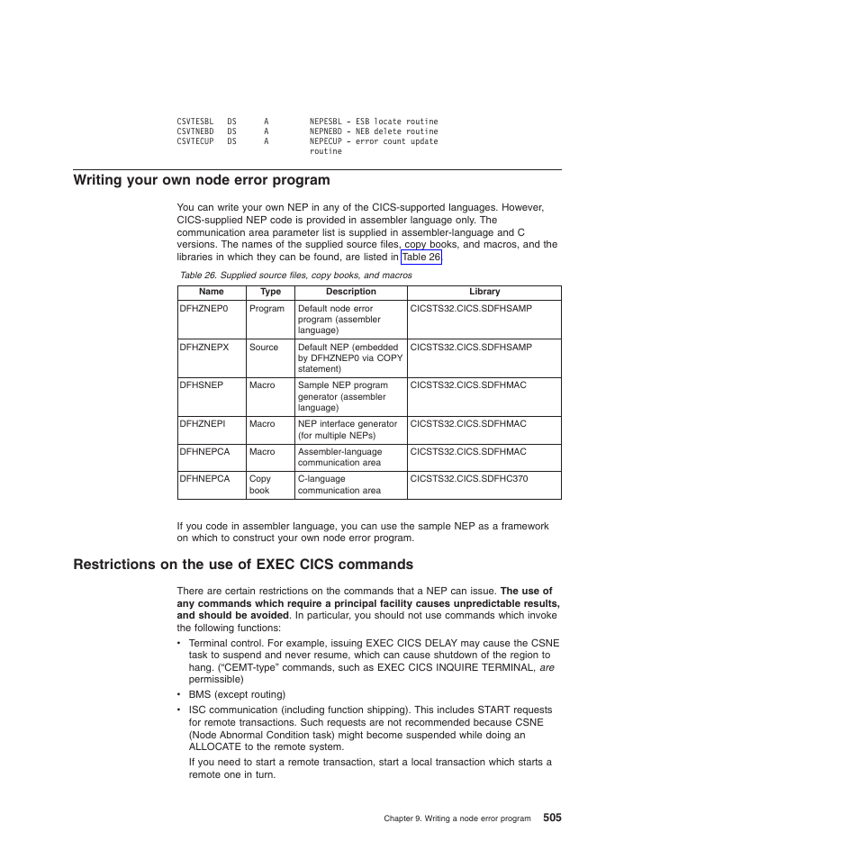 Writing your own node error program, Restrictions on the use of exec cics commands | IBM SC34-6814-04 User Manual | Page 527 / 953