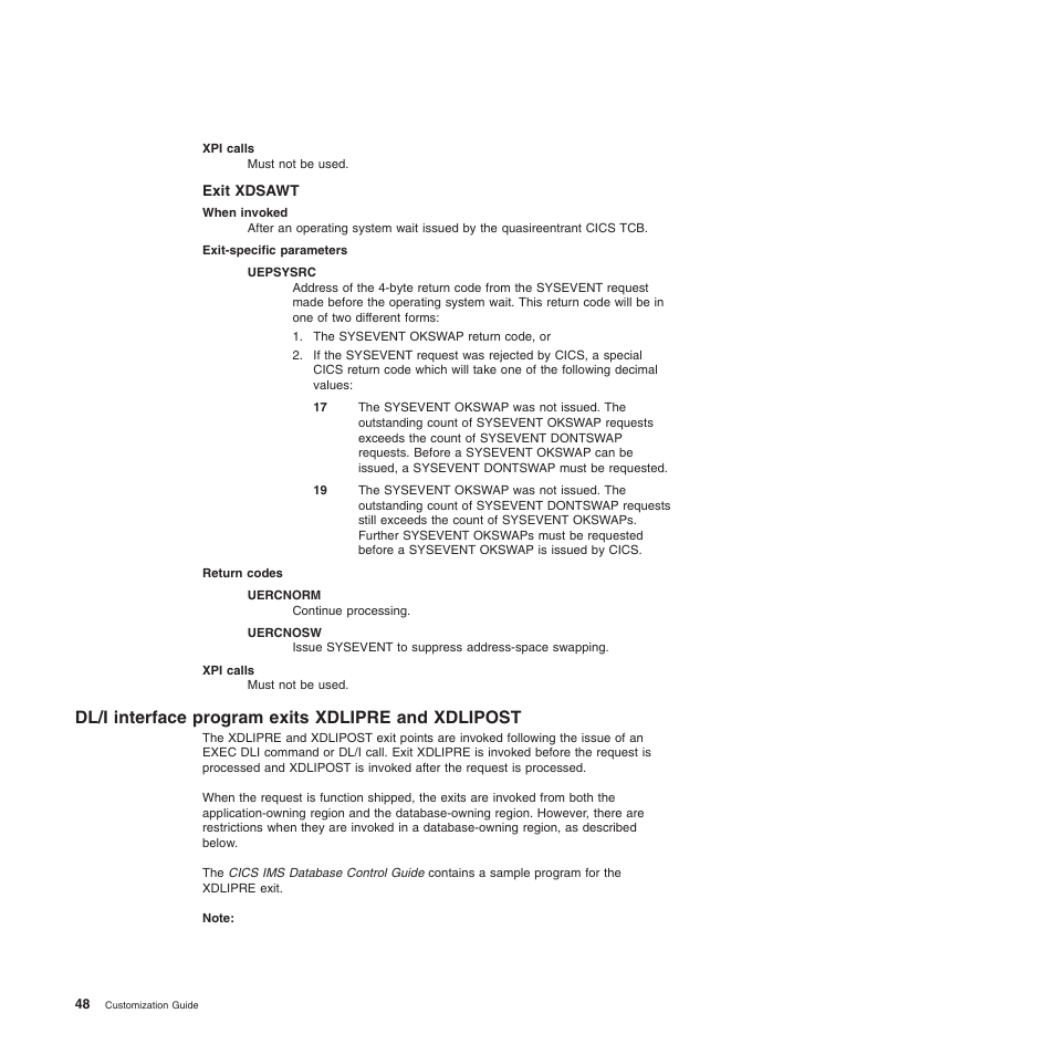 Exit xdsawt, Dl/i interface program exits xdlipre and xdlipost | IBM SC34-6814-04 User Manual | Page 70 / 953
