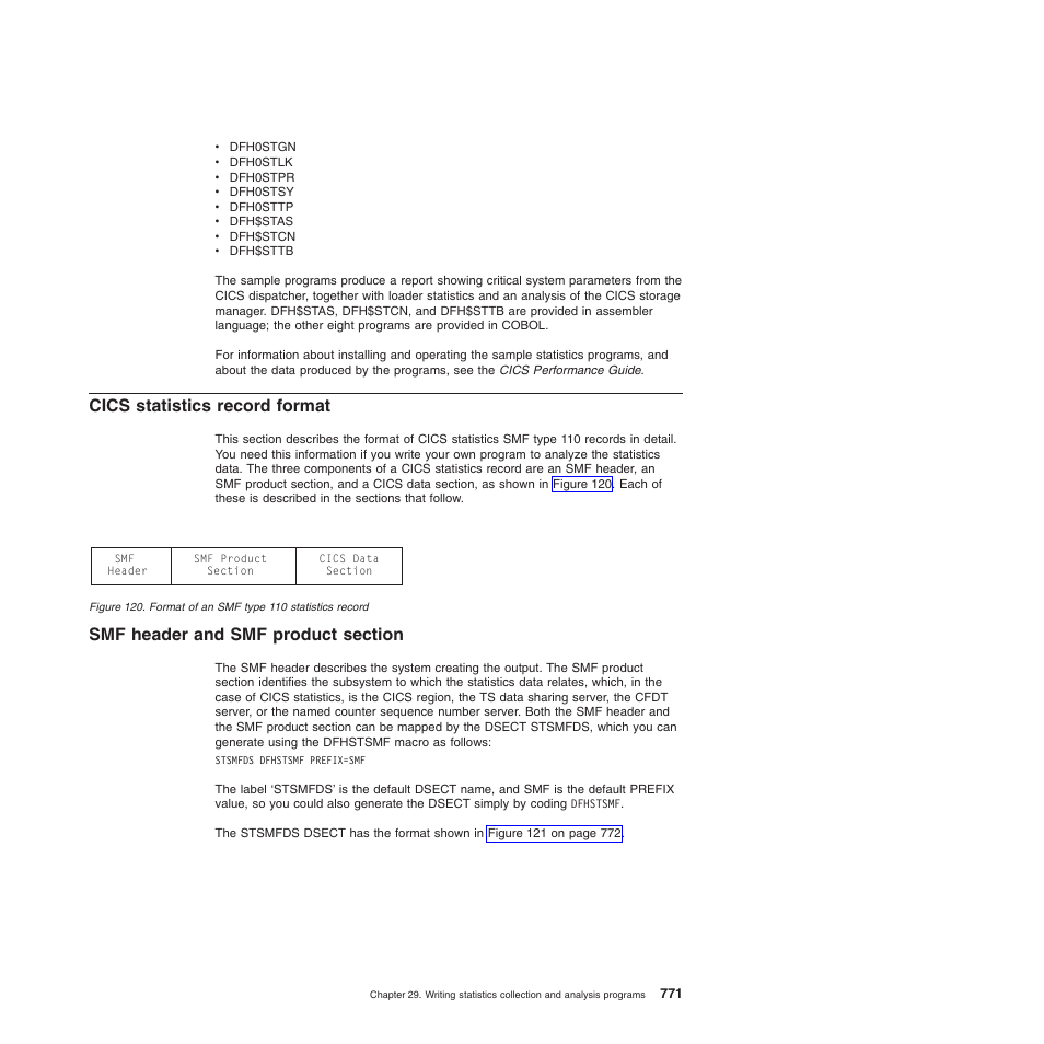 Cics statistics record format, Smf header and smf product section | IBM SC34-6814-04 User Manual | Page 793 / 953