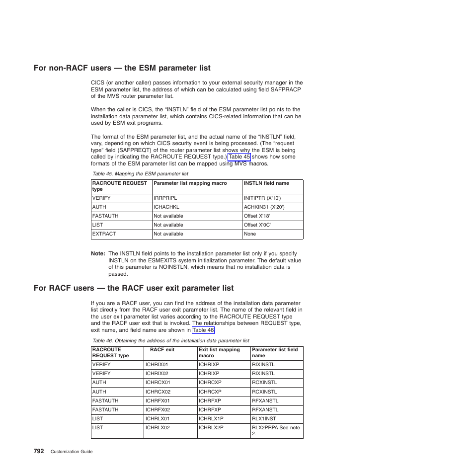 For non-racf users — the esm parameter list, For racf users — the racf user exit parameter list | IBM SC34-6814-04 User Manual | Page 814 / 953