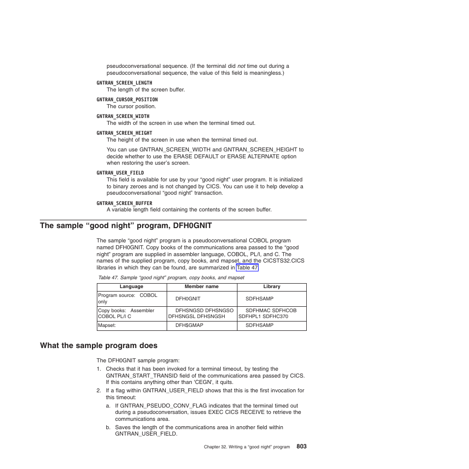 The sample “good night” program, dfh0gnit, What the sample program does | IBM SC34-6814-04 User Manual | Page 825 / 953