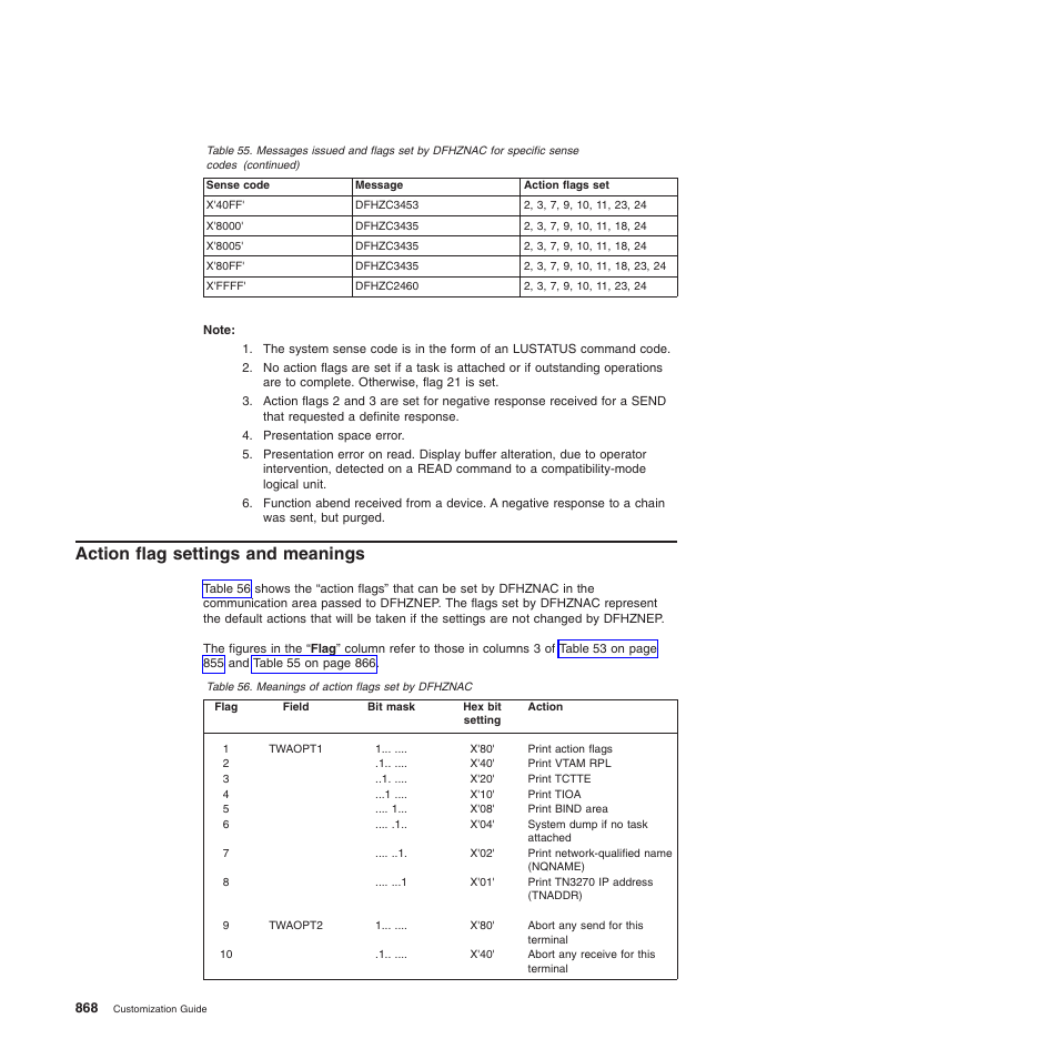 Action flag settings and meanings | IBM SC34-6814-04 User Manual | Page 890 / 953