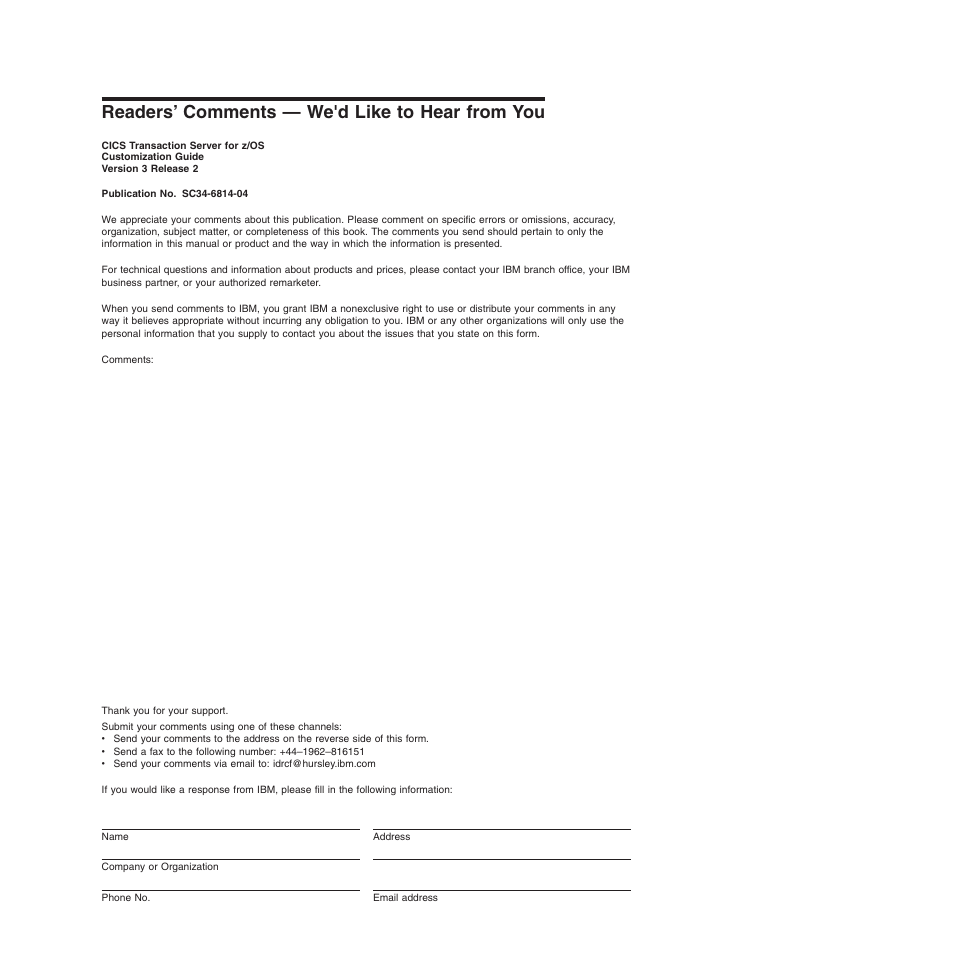 Readers’ comments — we'd like to hear from you | IBM SC34-6814-04 User Manual | Page 949 / 953