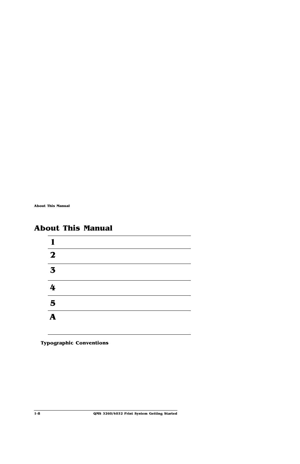 About this manual, Typographic conventions, About this manual -8 | Typographic conventions 1-8 | IBM Print System QMS 4032 User Manual | Page 14 / 86