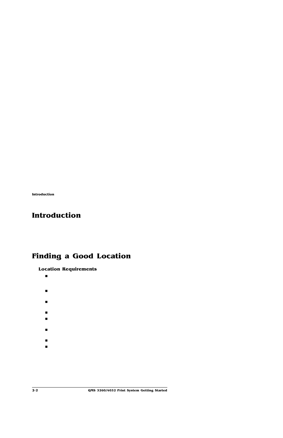 Introduction, Finding a good location, Location requirements | Introduction -2, Finding a good location -2, Location requirements 2-2 | IBM Print System QMS 4032 User Manual | Page 18 / 86