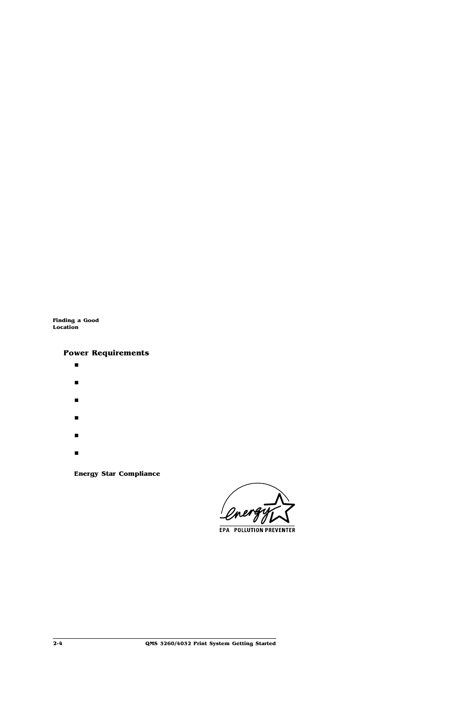 Power requirements, Power requirements 2-4 | IBM Print System QMS 4032 User Manual | Page 20 / 86