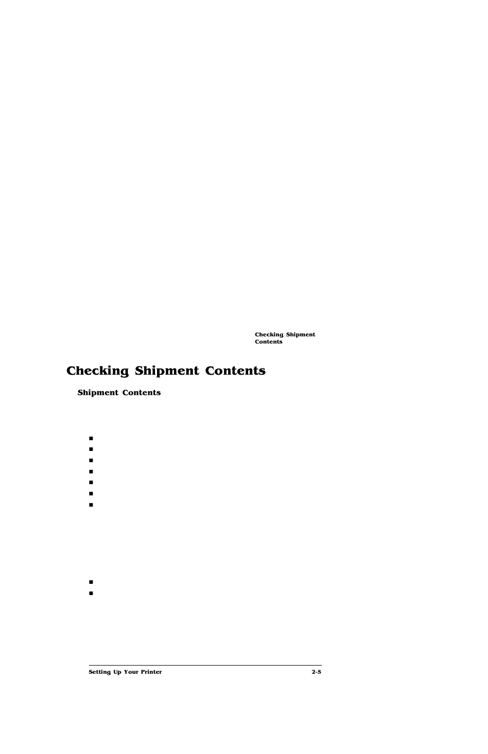 Checking shipment contents, Shipment contents, Checking shipment contents -5 | Shipment contents 2-5 | IBM Print System QMS 4032 User Manual | Page 21 / 86