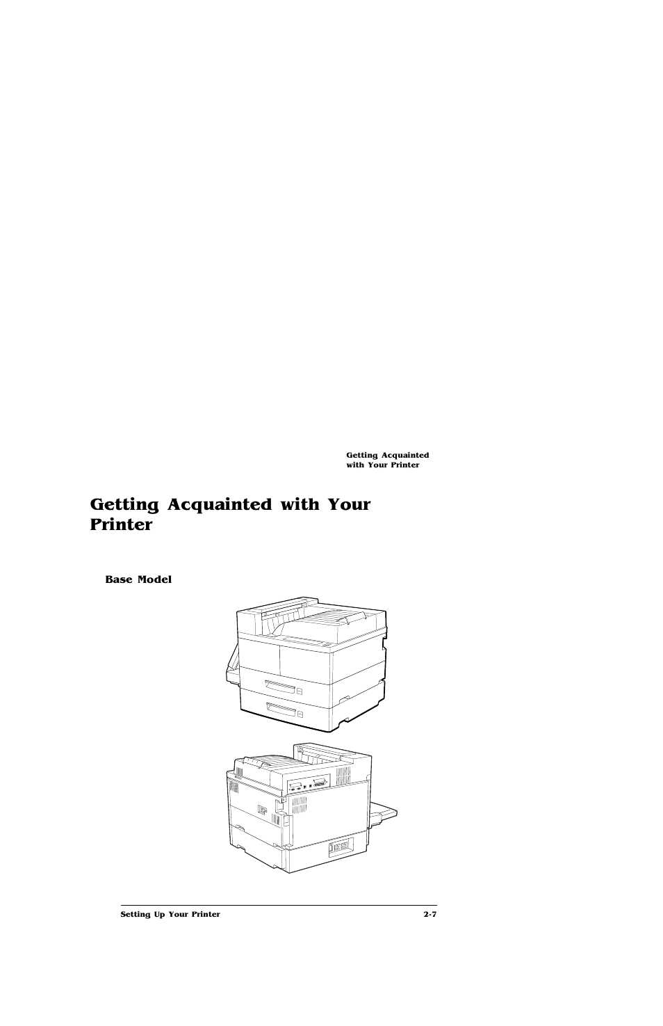 Getting acquainted with your printer, Base model, Getting acquainted with your printer -7 | Base model 2-7 | IBM Print System QMS 4032 User Manual | Page 23 / 86