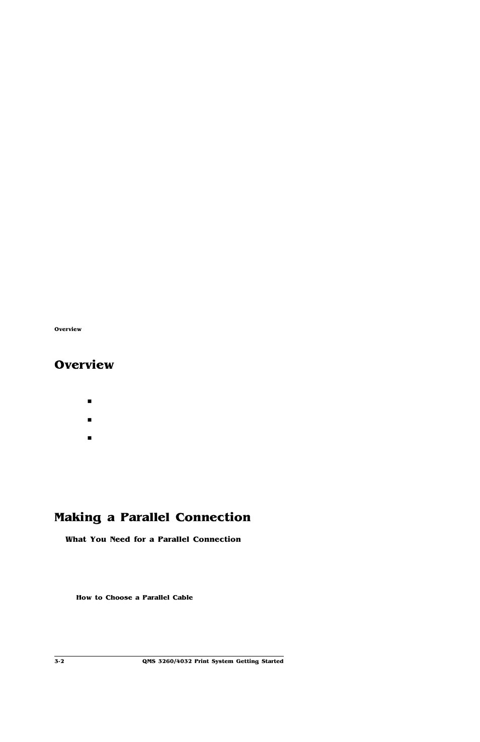 Overview, Making a parallel connection, What you need for a parallel connection | Overview -2, Making a parallel connection -2, What you need for a parallel connection 3-2 | IBM Print System QMS 4032 User Manual | Page 28 / 86