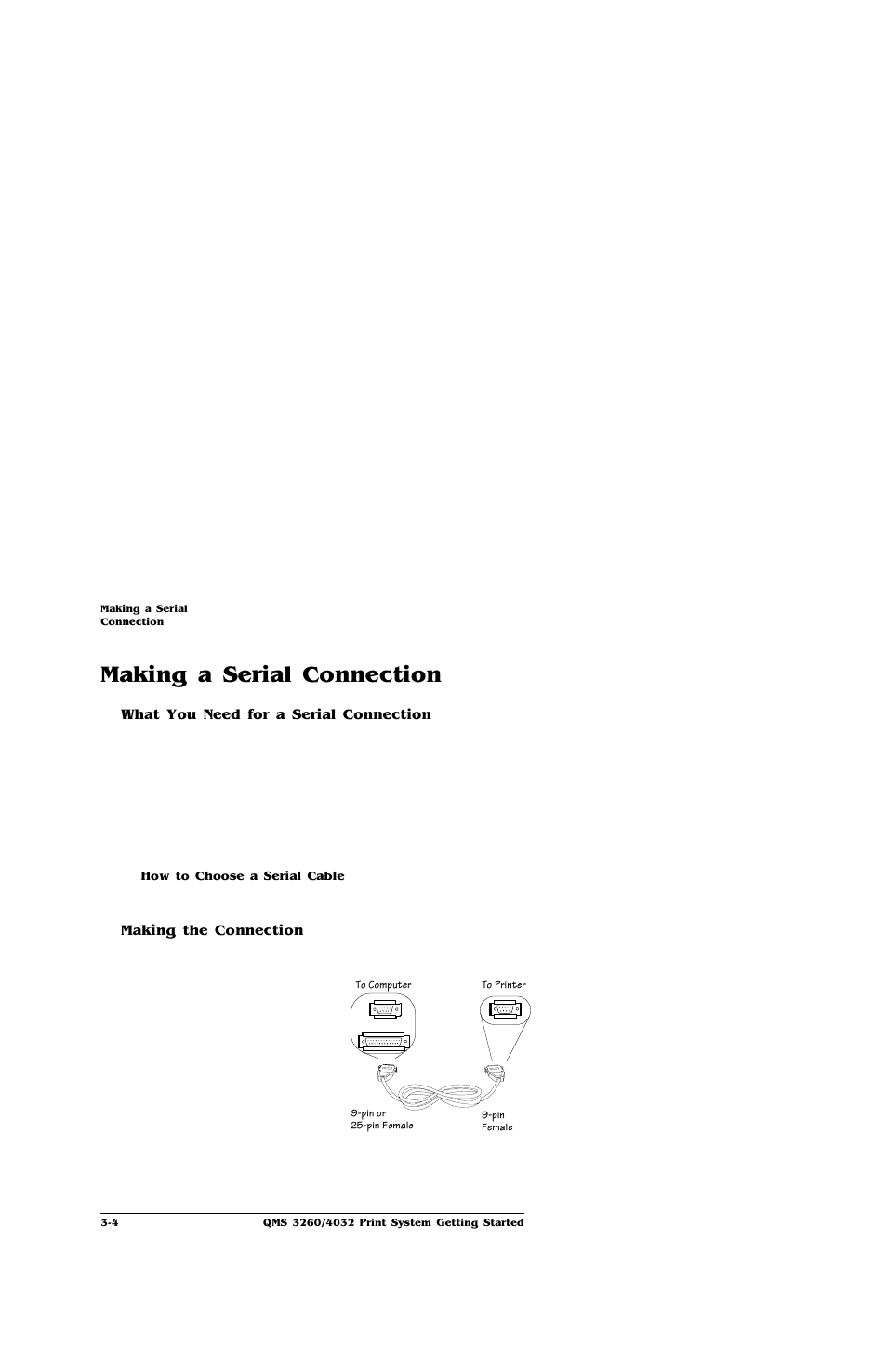 Making a serial connection, What you need for a serial connection, Making the connection | Making a serial connection -4 | IBM Print System QMS 4032 User Manual | Page 30 / 86