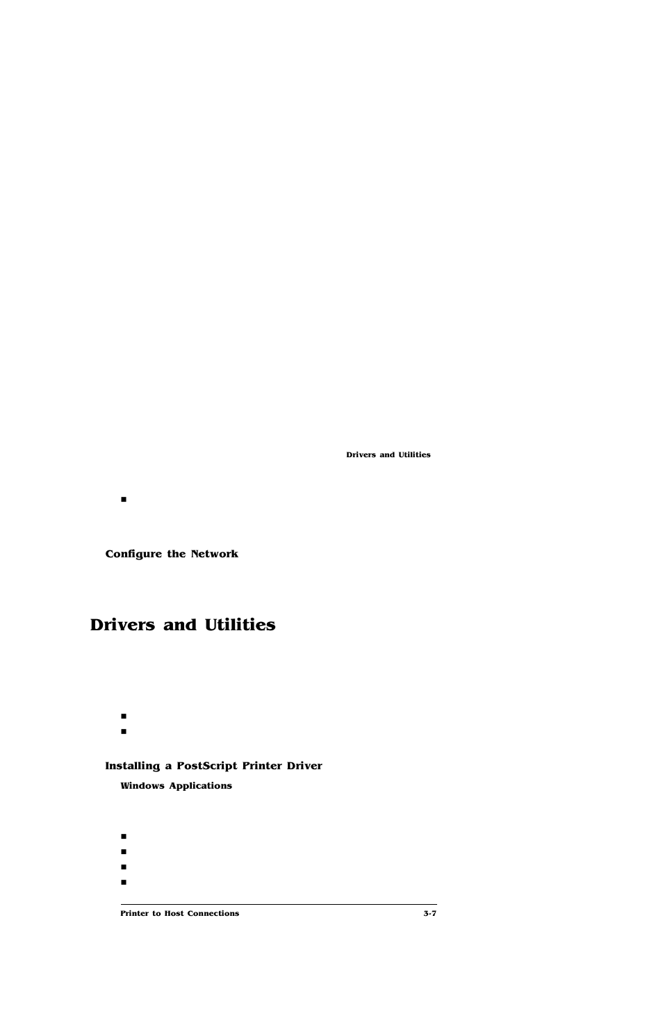 Configure the network, Drivers and utilities, Installing a postscript printer driver | Configure the network 3-7, Drivers and utilities -7, Installing a postscript printer driver 3-7 | IBM Print System QMS 4032 User Manual | Page 33 / 86