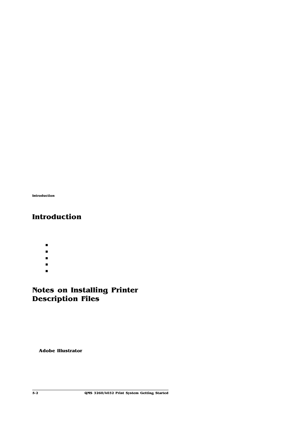 Introduction, Notes on installing printer description files, Adobe illustrator | Introduction -2, Notes on installing printer description files -2, Adobe illustrator 5-2 | IBM Print System QMS 4032 User Manual | Page 70 / 86