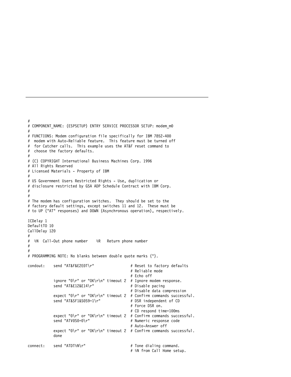 Modem configuration sample files, Sample file modem_m0.cfg | IBM Enterprise Server H80 Series User Manual | Page 202 / 230