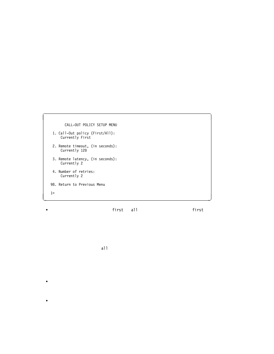 Call-out policy setup menu | IBM Enterprise Server H80 Series User Manual | Page 75 / 230