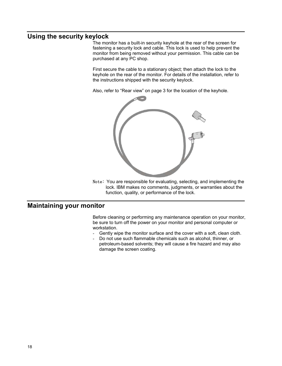Using the security keylock, Maintaining your monitor | IBM T221 User Manual | Page 24 / 43