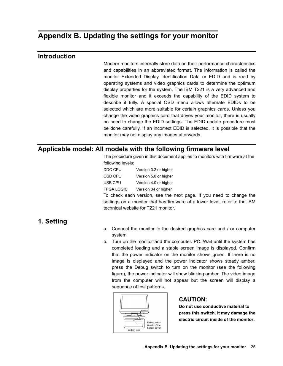 Appendix b. updating the settings for your monitor, Introduction, Setting | Caution | IBM T221 User Manual | Page 31 / 43