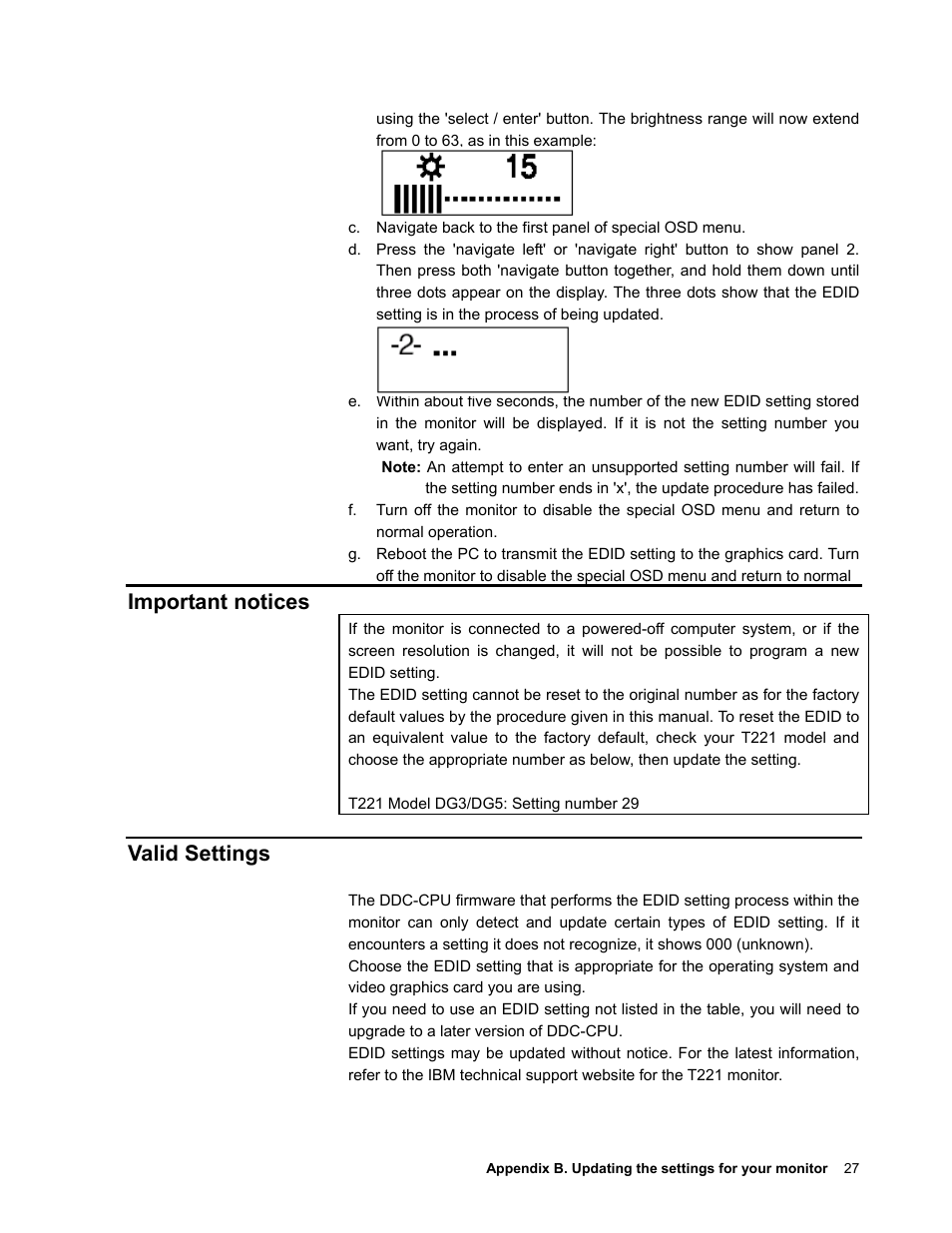 Important notices, Valid settings | IBM T221 User Manual | Page 33 / 43