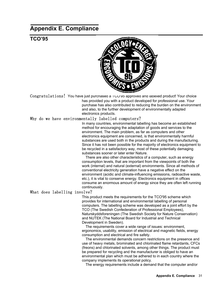 Appendix e. compliance, Tco’95 | IBM T221 User Manual | Page 37 / 43