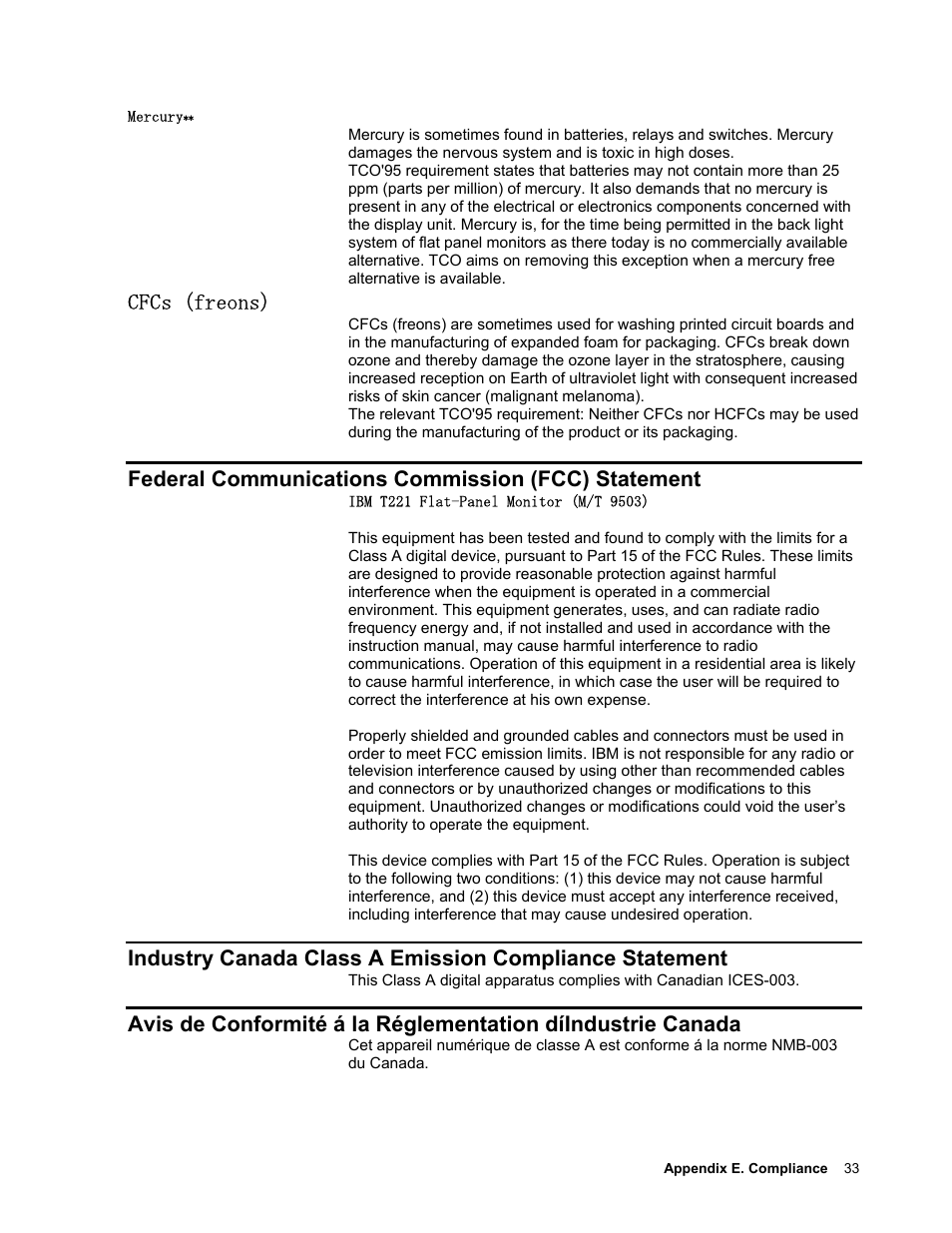 Cfcs (freons), Federal communications commission (fcc) statement | IBM T221 User Manual | Page 39 / 43