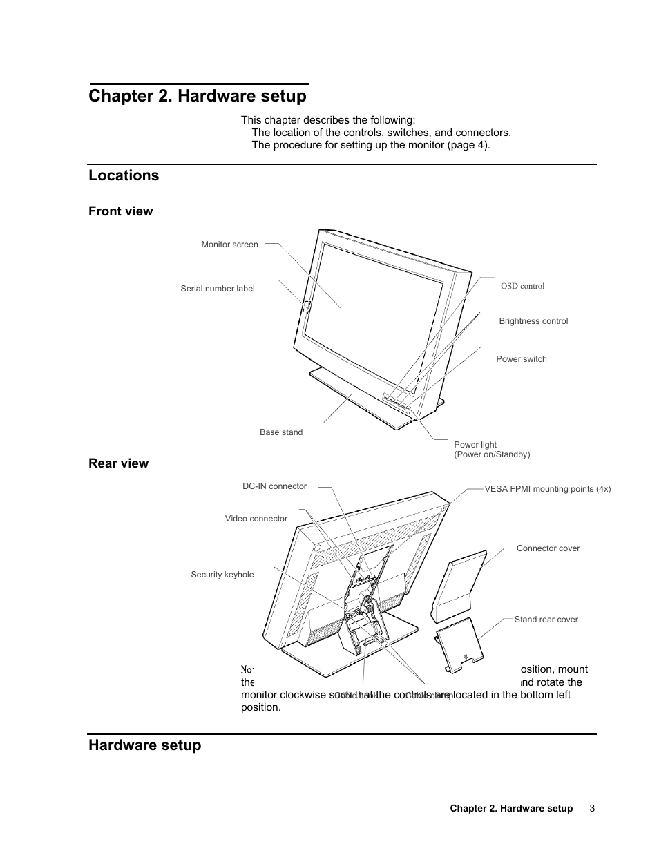 Chapter 2. hardware setup, Locations, Hardware setup | Front view, Rear view | IBM T221 User Manual | Page 9 / 43