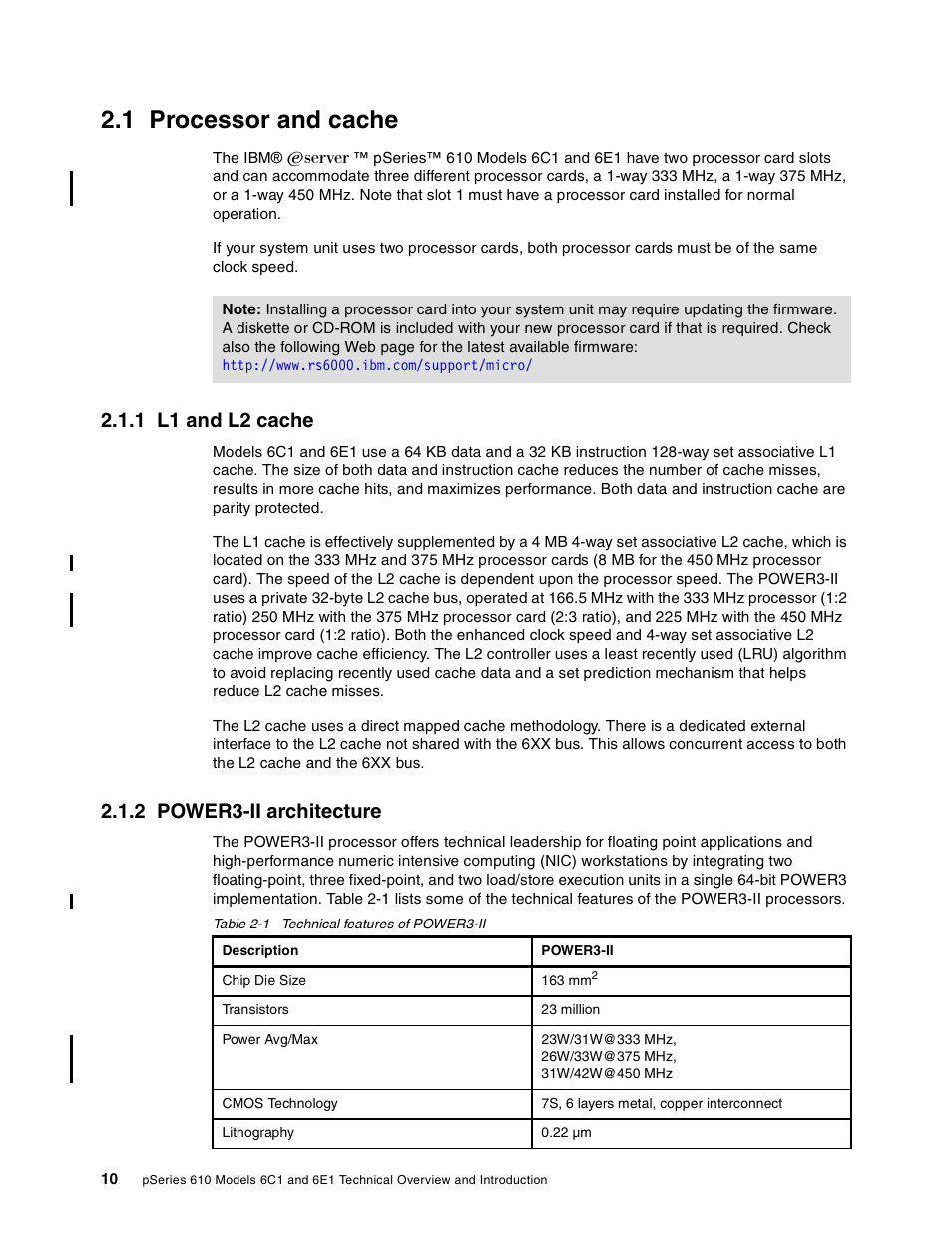 1 processor and cache, 1 l1 and l2 cache, 2 power3-ii architecture | 1 l1 and l2 cache 2.1.2 power3-ii architecture | IBM 6C1 User Manual | Page 18 / 42