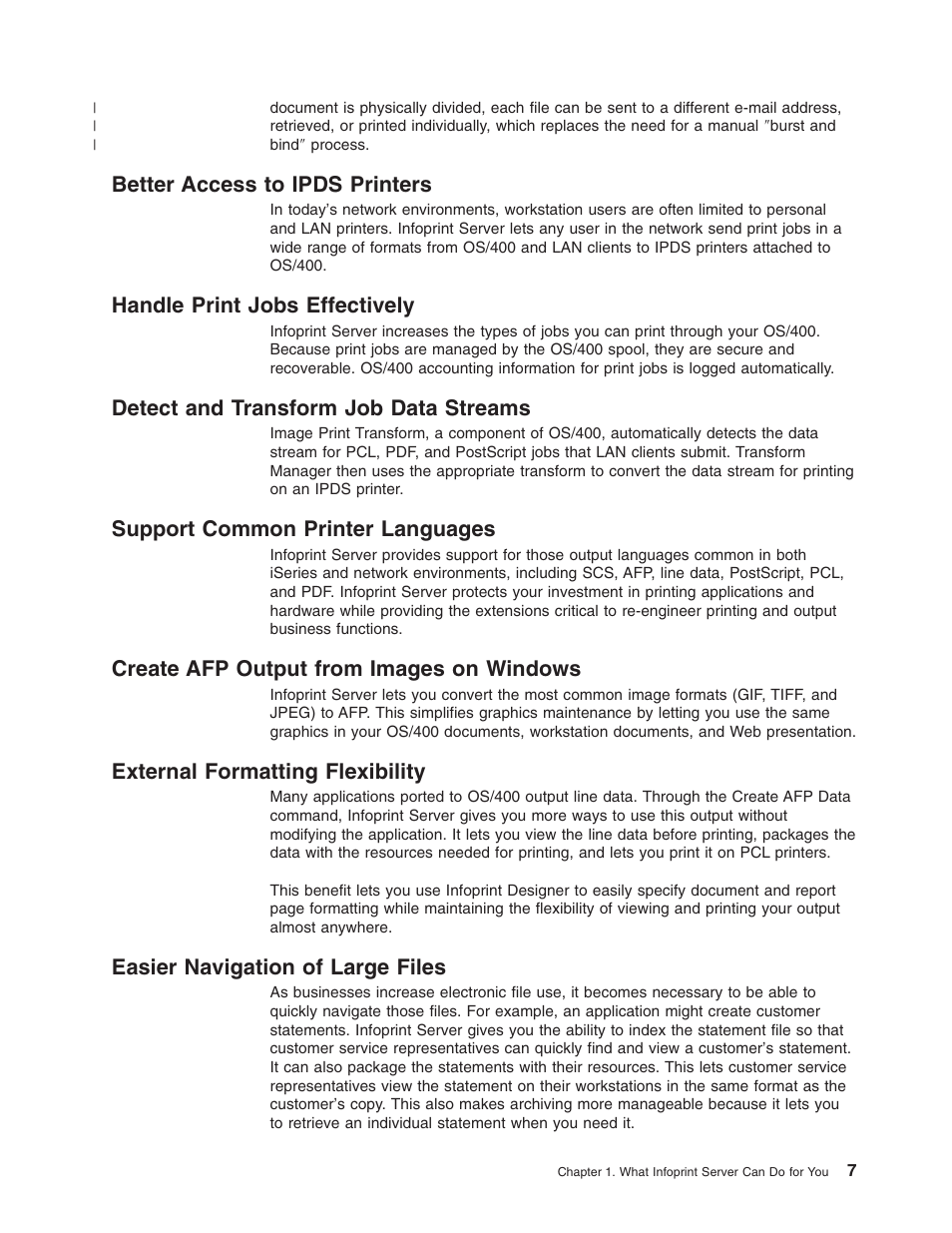 Better access to ipds printers, Handle print jobs effectively, Detect and transform job data streams | Support common printer languages, Create afp output from images on windows, External formatting flexibility, Easier navigation of large files | IBM G544-5774-01 User Manual | Page 19 / 56