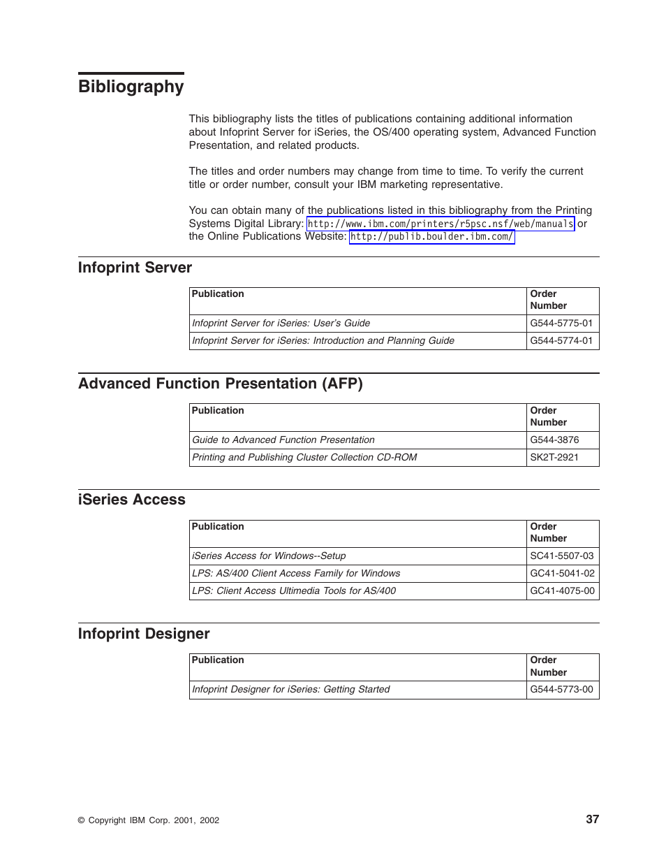 Bibliography, Infoprint server, Advanced function presentation (afp) | Iseries access, Infoprint designer | IBM G544-5774-01 User Manual | Page 49 / 56