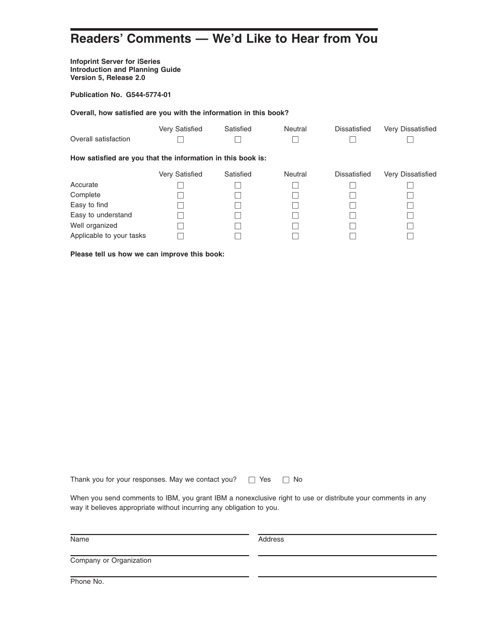Readers’ comments — we'd like to hear from you, Readers’ comments — we’d like to hear from you | IBM G544-5774-01 User Manual | Page 53 / 56