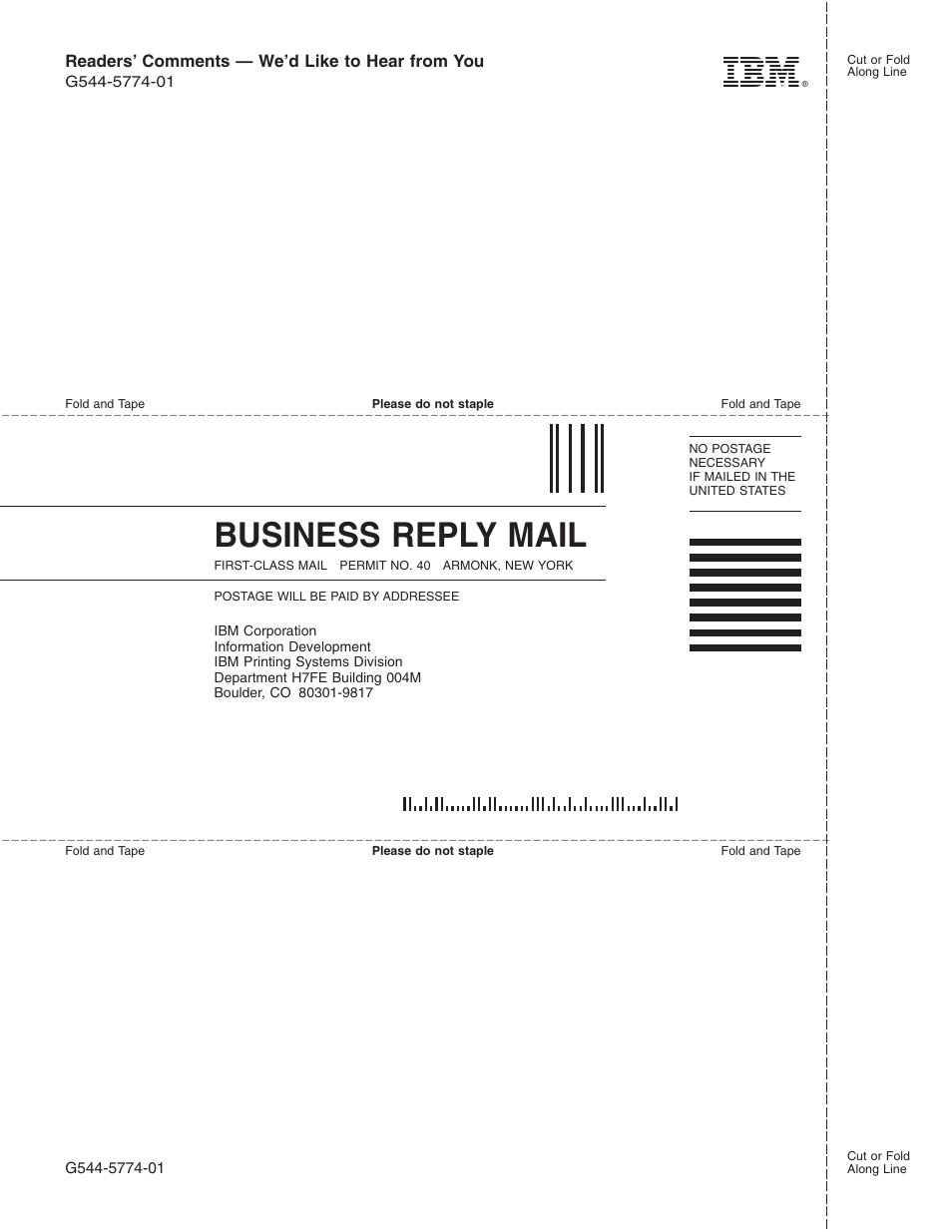 Business reply mail | IBM G544-5774-01 User Manual | Page 54 / 56