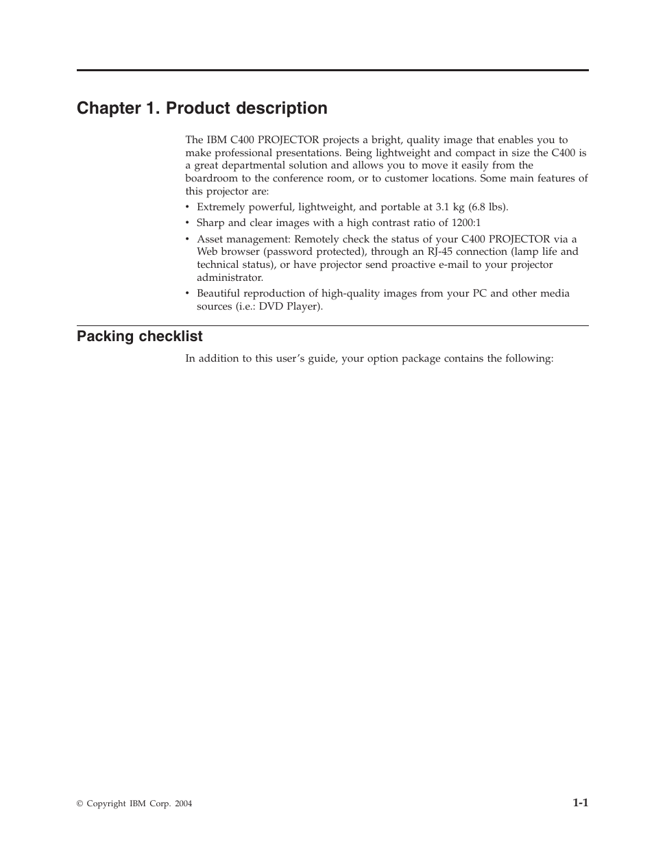 Chapter 1. product description, Packing checklist, Chapter | Product, Description, Packing, Checklist | IBM PROJECTOR C400 User Manual | Page 15 / 94