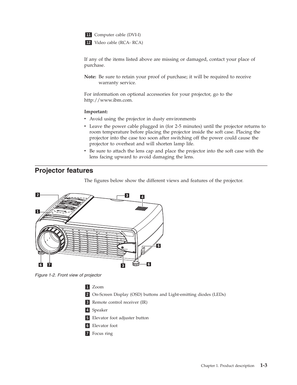 Projector features, Projector, Features | IBM PROJECTOR C400 User Manual | Page 17 / 94