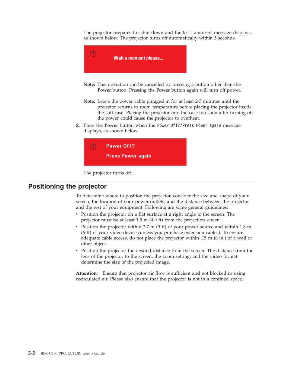 Positioning the projector, Positioning, Projector | IBM PROJECTOR C400 User Manual | Page 22 / 94