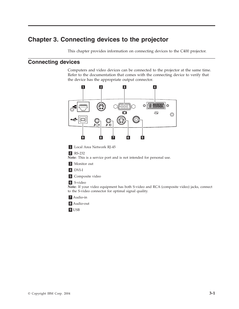 Chapter 3. connecting devices to the projector, Connecting devices, Chapter | Connecting, Devices, Projector | IBM PROJECTOR C400 User Manual | Page 27 / 94