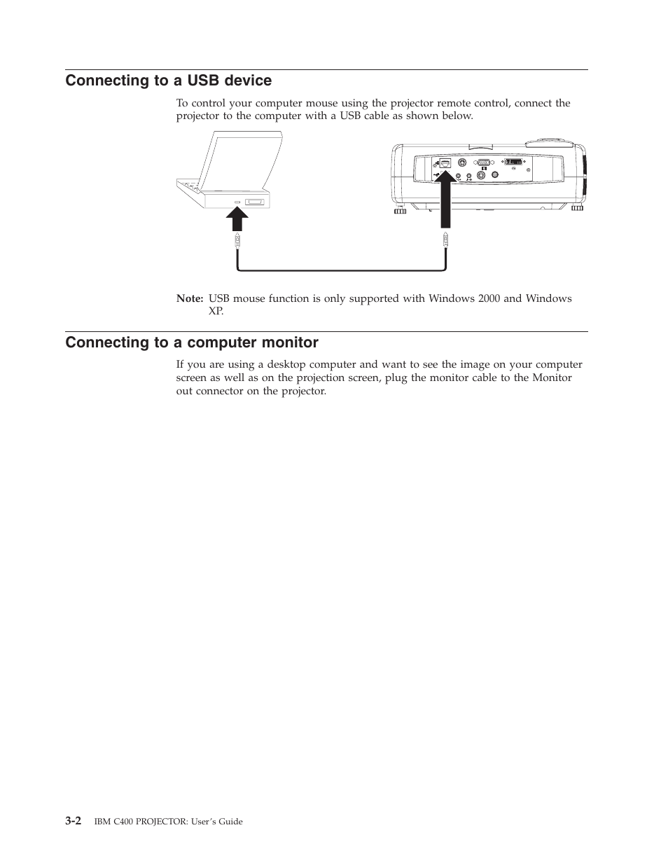 Connecting to a usb device, Connecting to a computer monitor, Connecting | Device, Computer, Monitor | IBM PROJECTOR C400 User Manual | Page 28 / 94