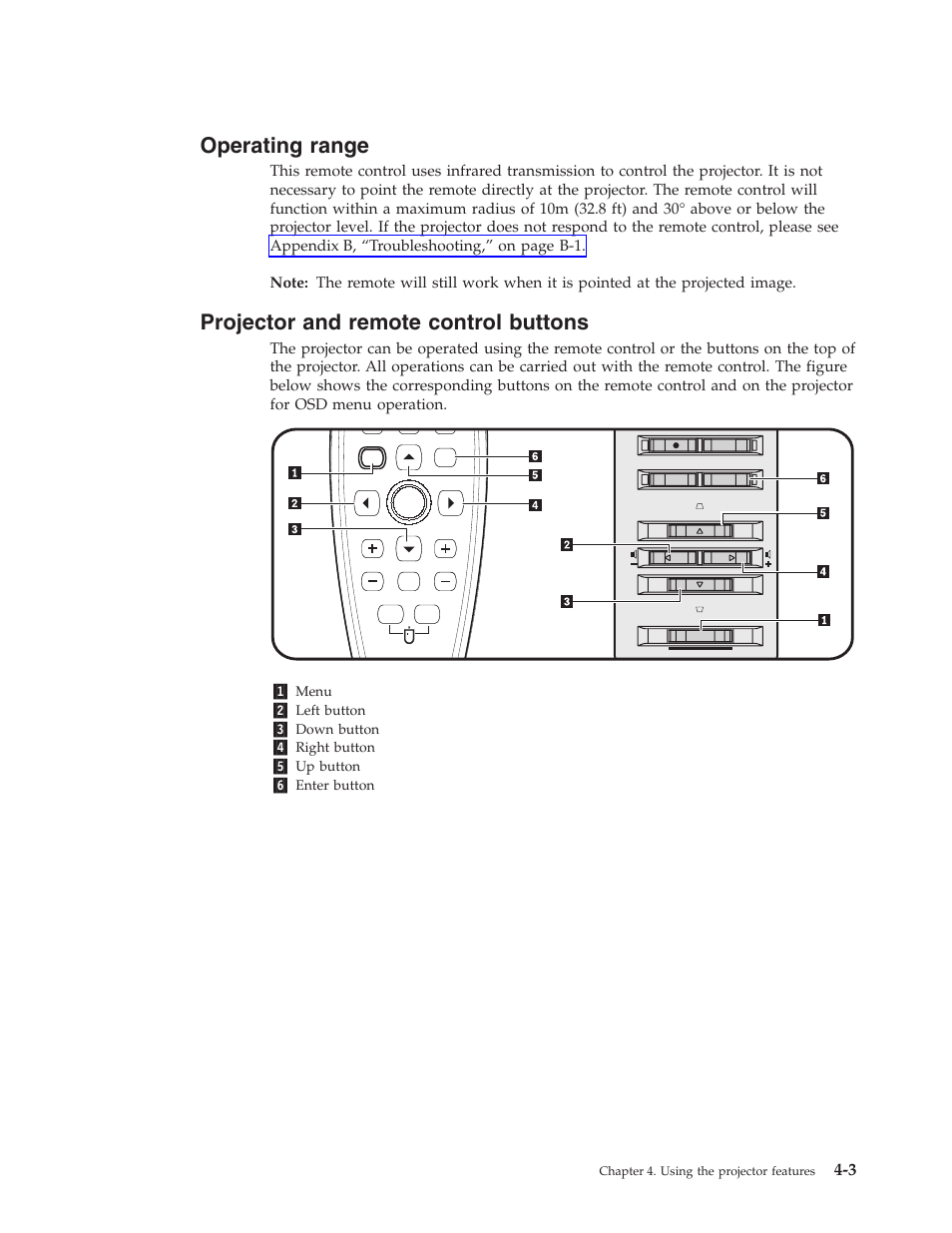 Operating range, Projector and remote control buttons, Operating | Range, Projector, Remote, Control, Buttons | IBM PROJECTOR C400 User Manual | Page 31 / 94