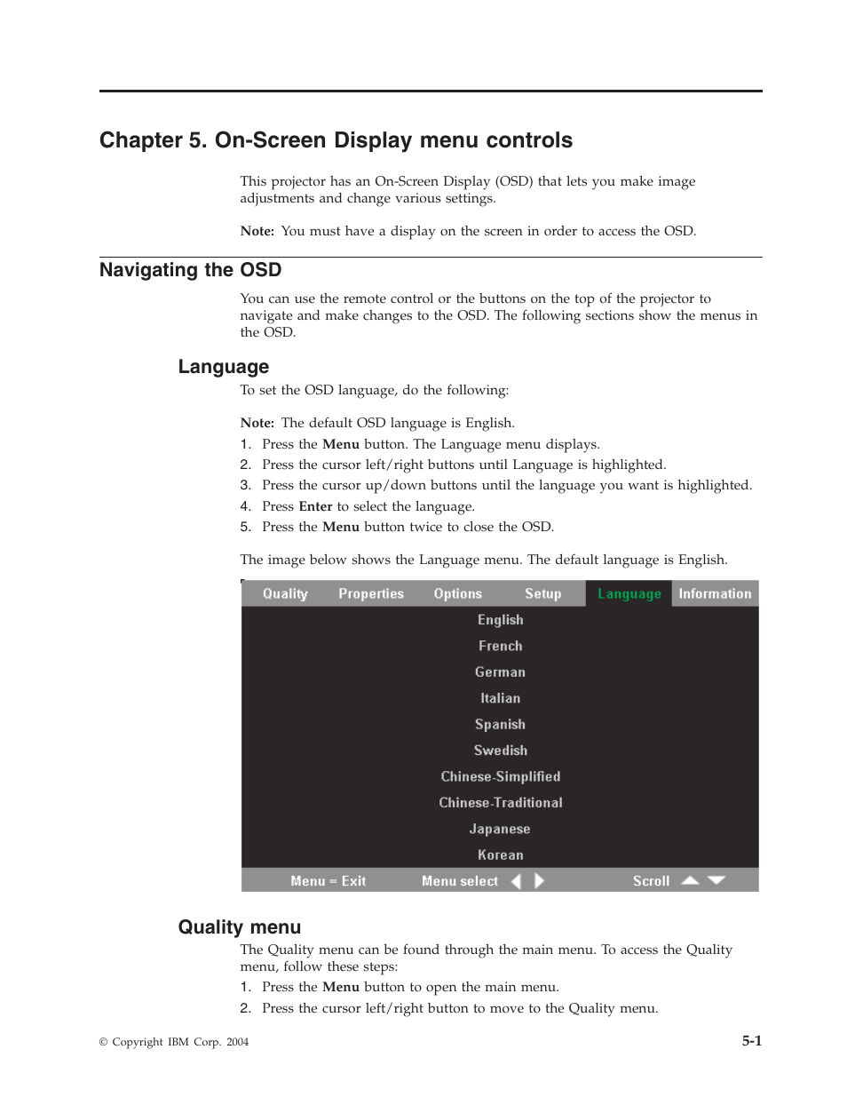 Chapter 5. on-screen display menu controls, Navigating the osd, Language | Quality menu, Chapter, On-screen, Display, Menu, Controls, Navigating | IBM PROJECTOR C400 User Manual | Page 33 / 94