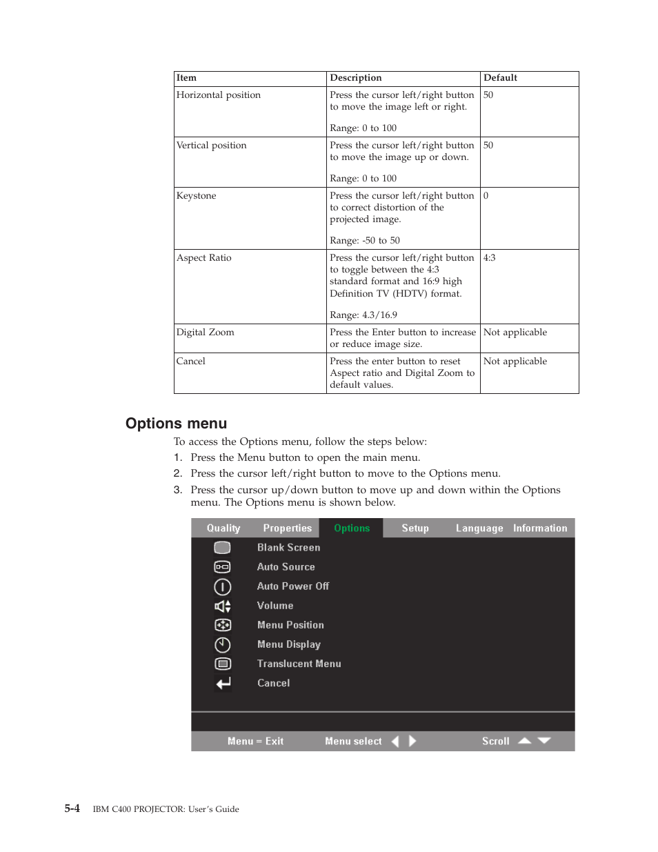 Options menu, Options, Menu | IBM PROJECTOR C400 User Manual | Page 36 / 94