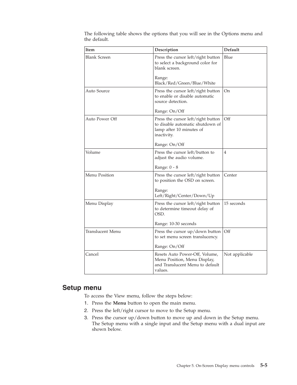 Setup menu, Setup, Menu | IBM PROJECTOR C400 User Manual | Page 37 / 94